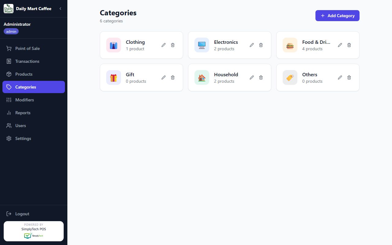 Categories screen