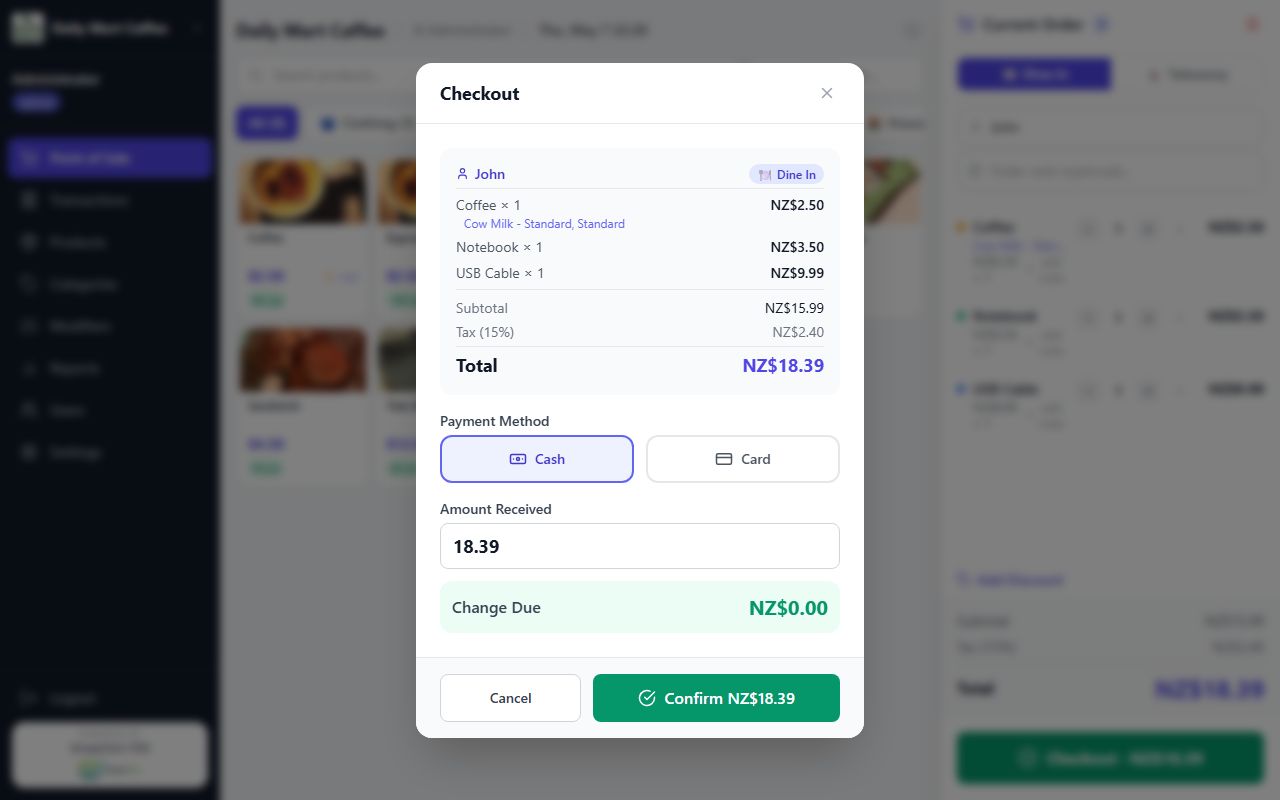 Checkout with cash payment selected