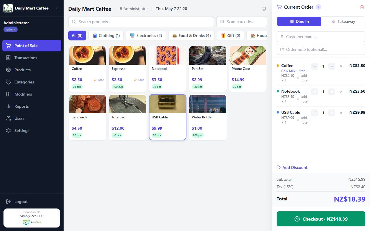 Point of Sale with active cart