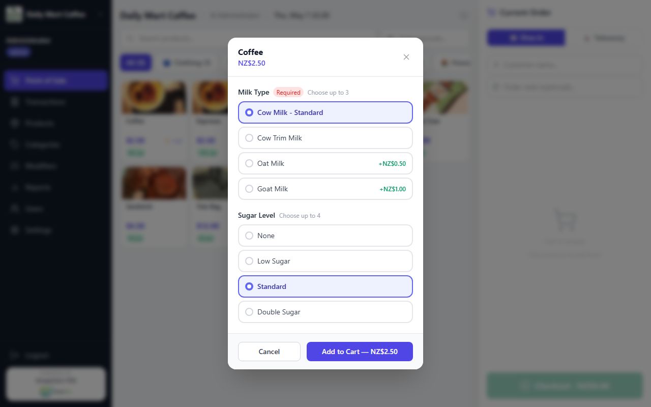 Product modifier options popup