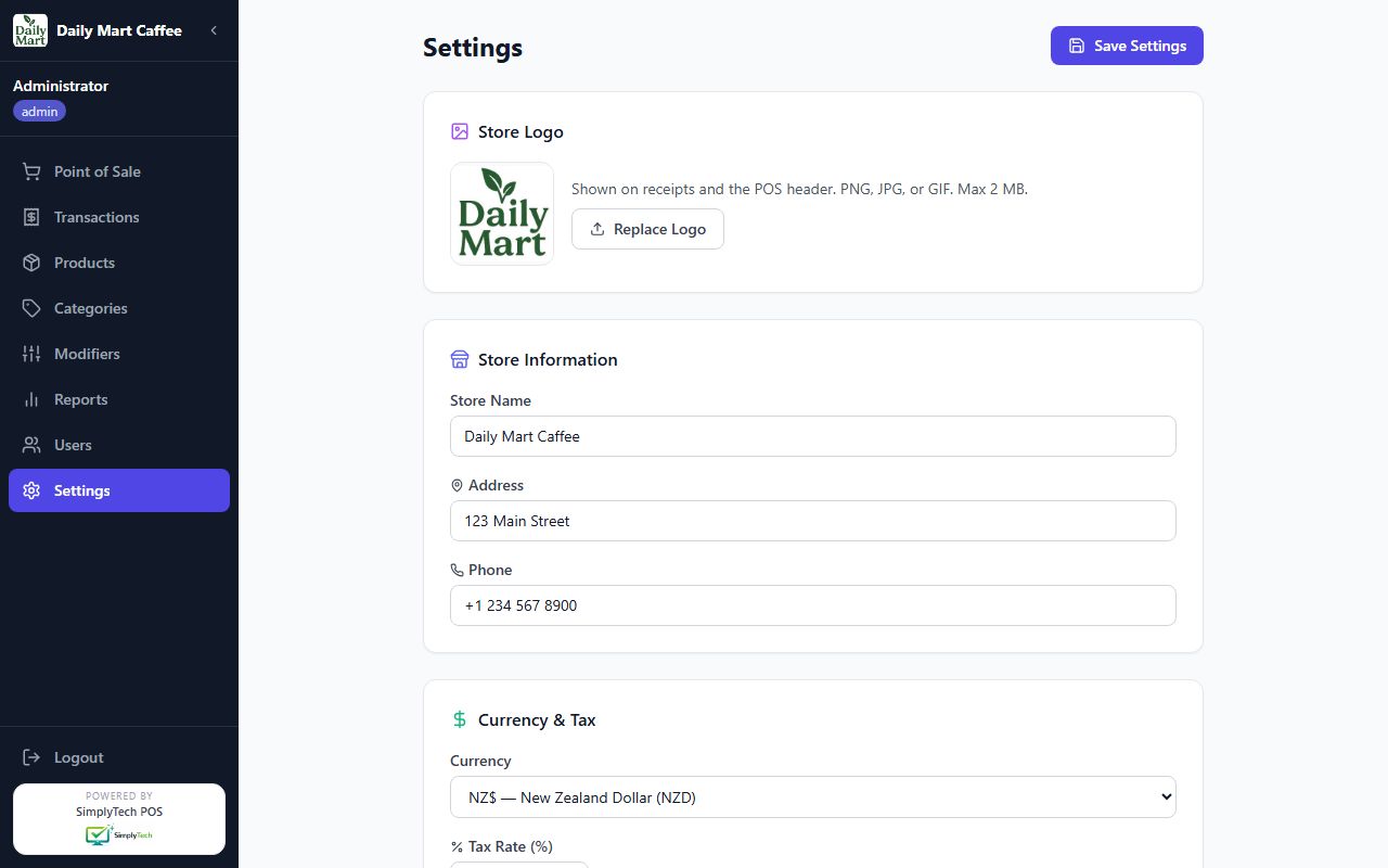 Settings screen